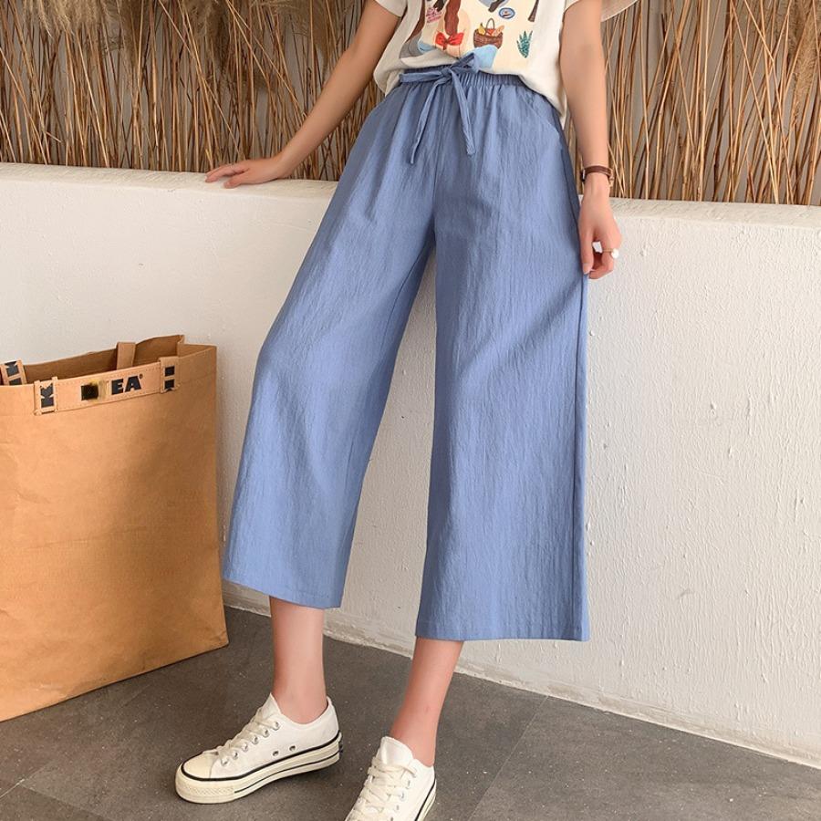 Women Summer Autumn Cotton Linen Pants High Waist Solid Color Wide Leg Cropped Pants