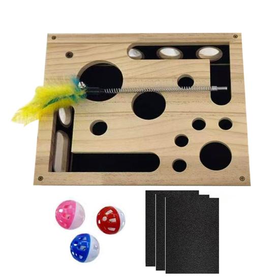 Cat Nail File Box, Wooden Cat Enrichment Box Puzzle Toy, Interactive Cat Scratcher, Nail File Toy Includes Sandpaper for Indoor