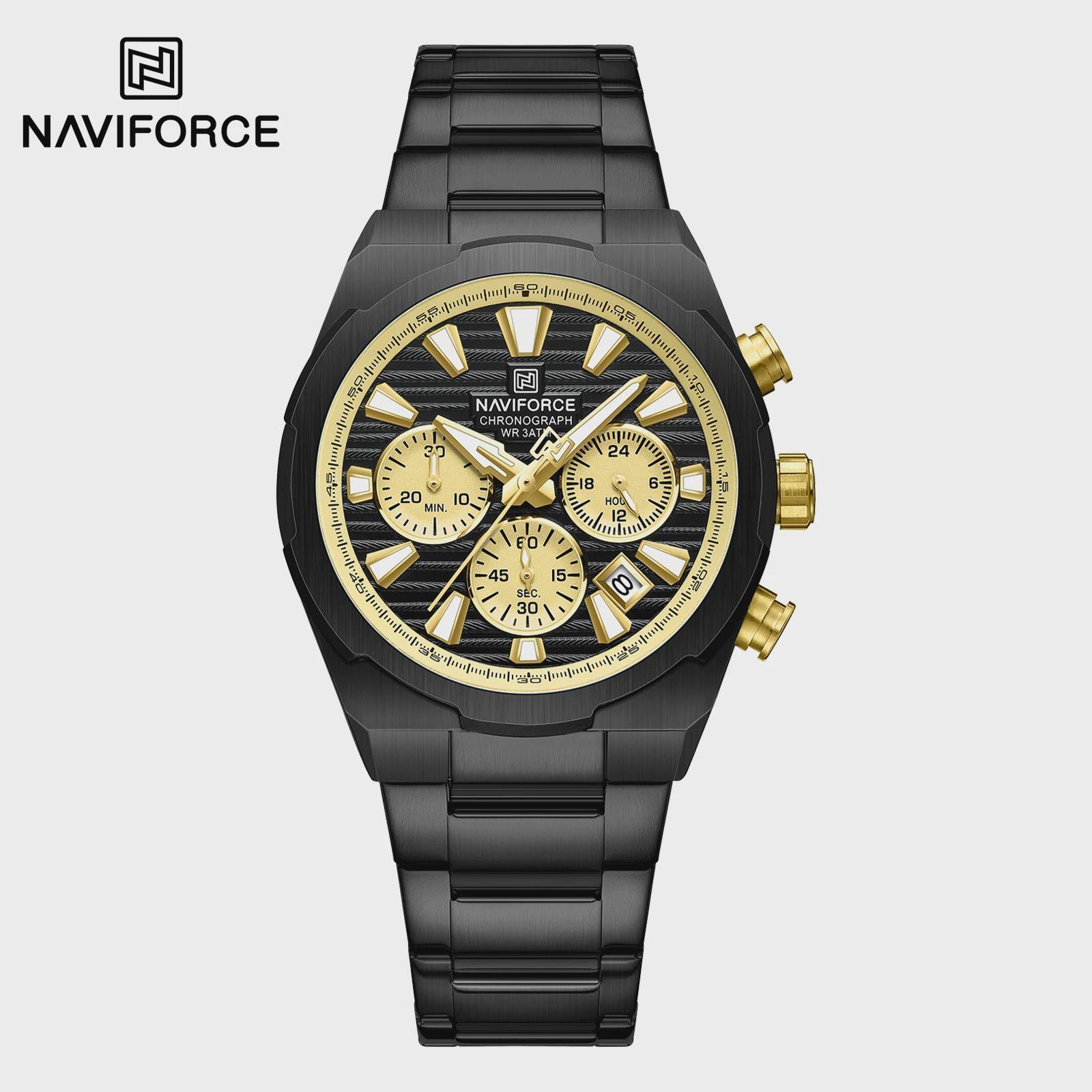 

Fashion Mens Quartz Wrist Watch Multifunction Chronograph Calendar Luminous Steel Strap Watches for Man Reloj Hombre Full Black золотой