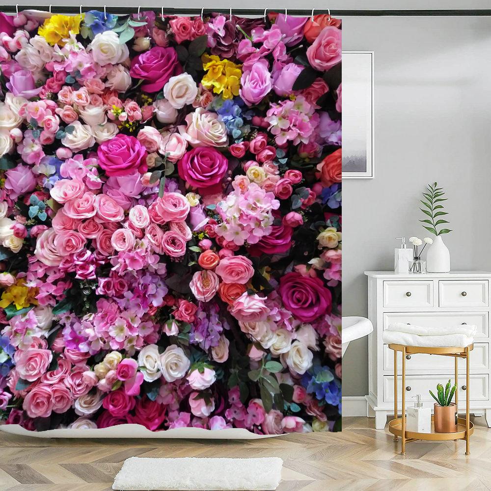 Kwiatowa Zasłona Prysznicowa Kolorowa Różowa Natura Kwiat Wodoodporna Zasłona Łazienkowa do Dekoracji Wanny z Haczykami 180x200cm
