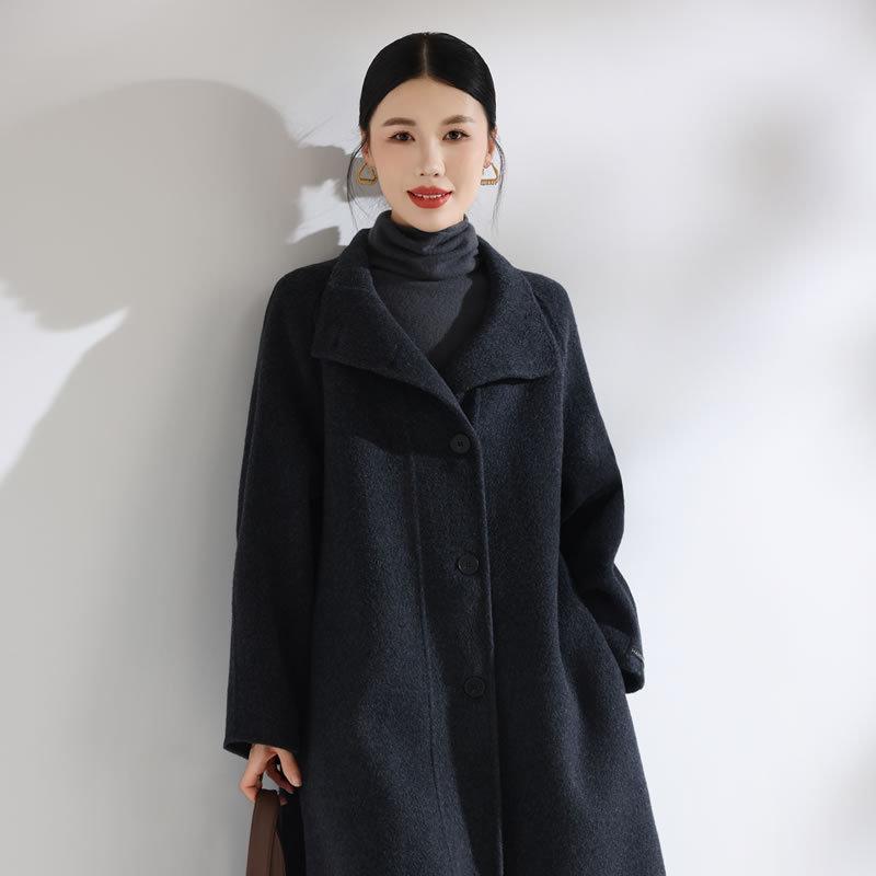 

Women s Double-Faced Wool Coat - Stand Collar, Extra Long, Loose Fit, Slimming Waist Belt, Casual Overcoat for Fall/Winter S (45-60 kg)
