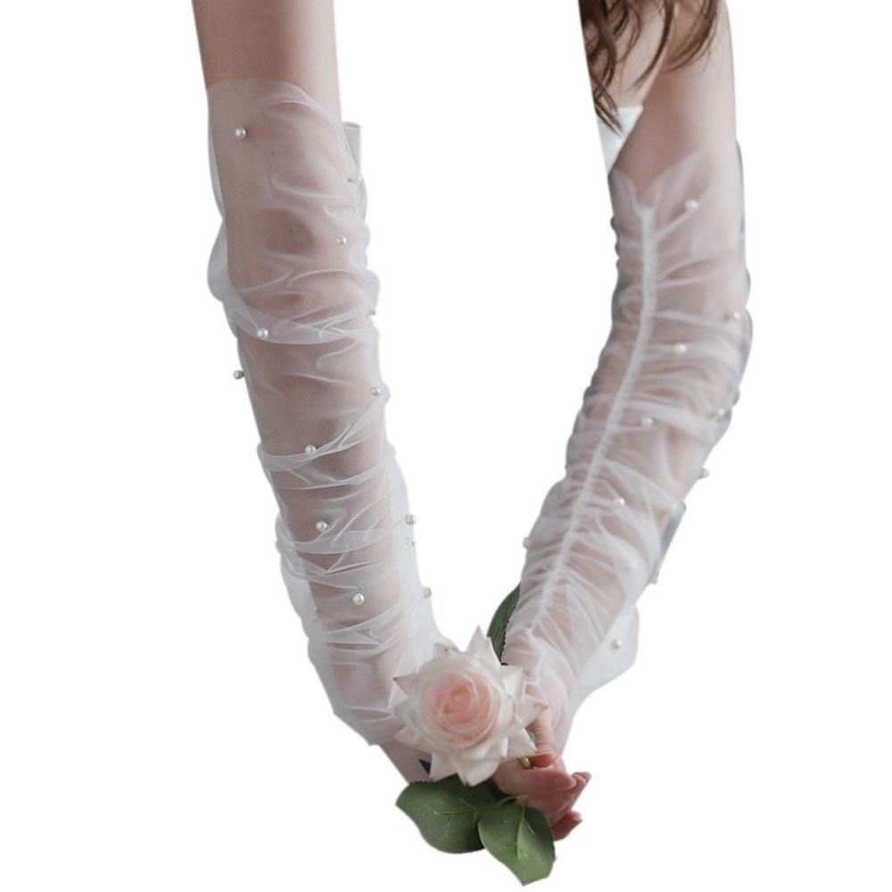 

Свадебные перчатки без пальцев белые / черные длинные тюлевые жемчужные перчатки невесты нарукавники для подружек невесты женские нарядные вечерние перчатки белый