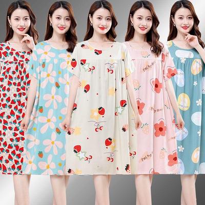 Cotton Silk Short Sleeve Pajama Dress for Women - Spring To Autumn Lightweight Sleepwear, Girly and Mom-Friendly, Plus Sizes Available.