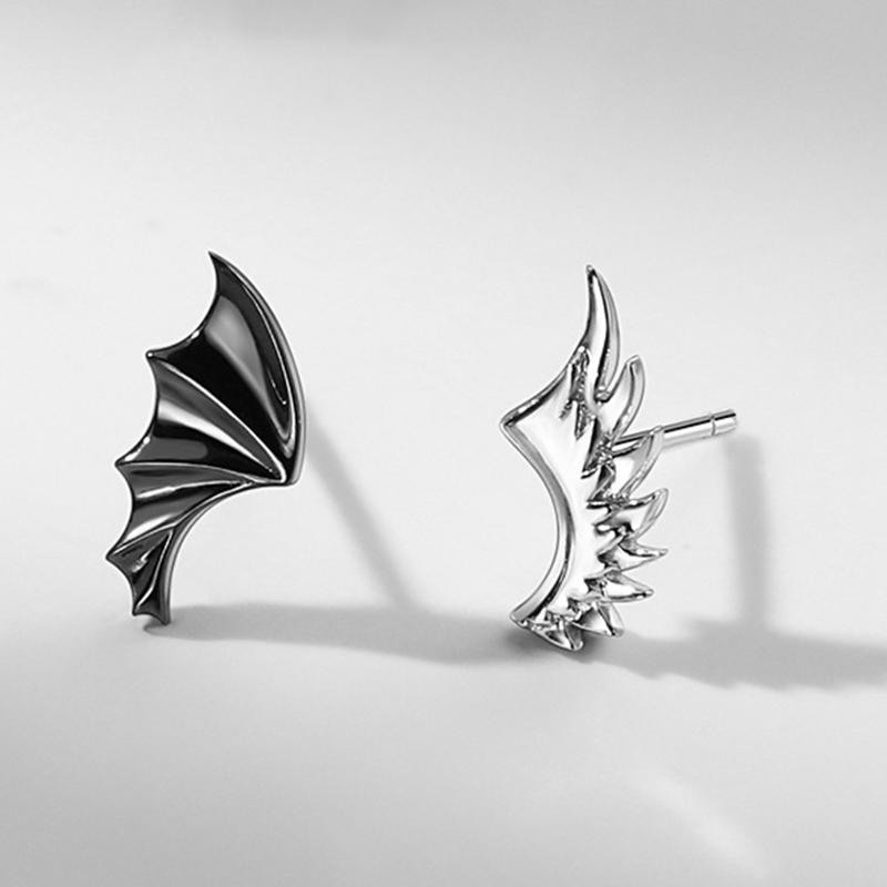 PANJBJ 925 Sterling Silver Red Zircon Studs Earring For Women Neo-Gothic Punk Wing Feather Angel Devil Jewelry Gift Dropshipping