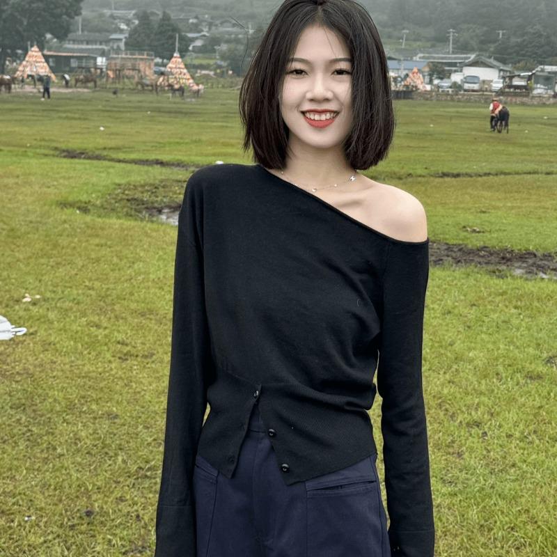 

Осенний нерегулярный косой вырез, сексуальный женский свитер с разрезом на плечах, трикотажные свитера с длинным рукавом, топы, зимняя мода, тонкие повседневные пуловеры 25351 XL чёрный