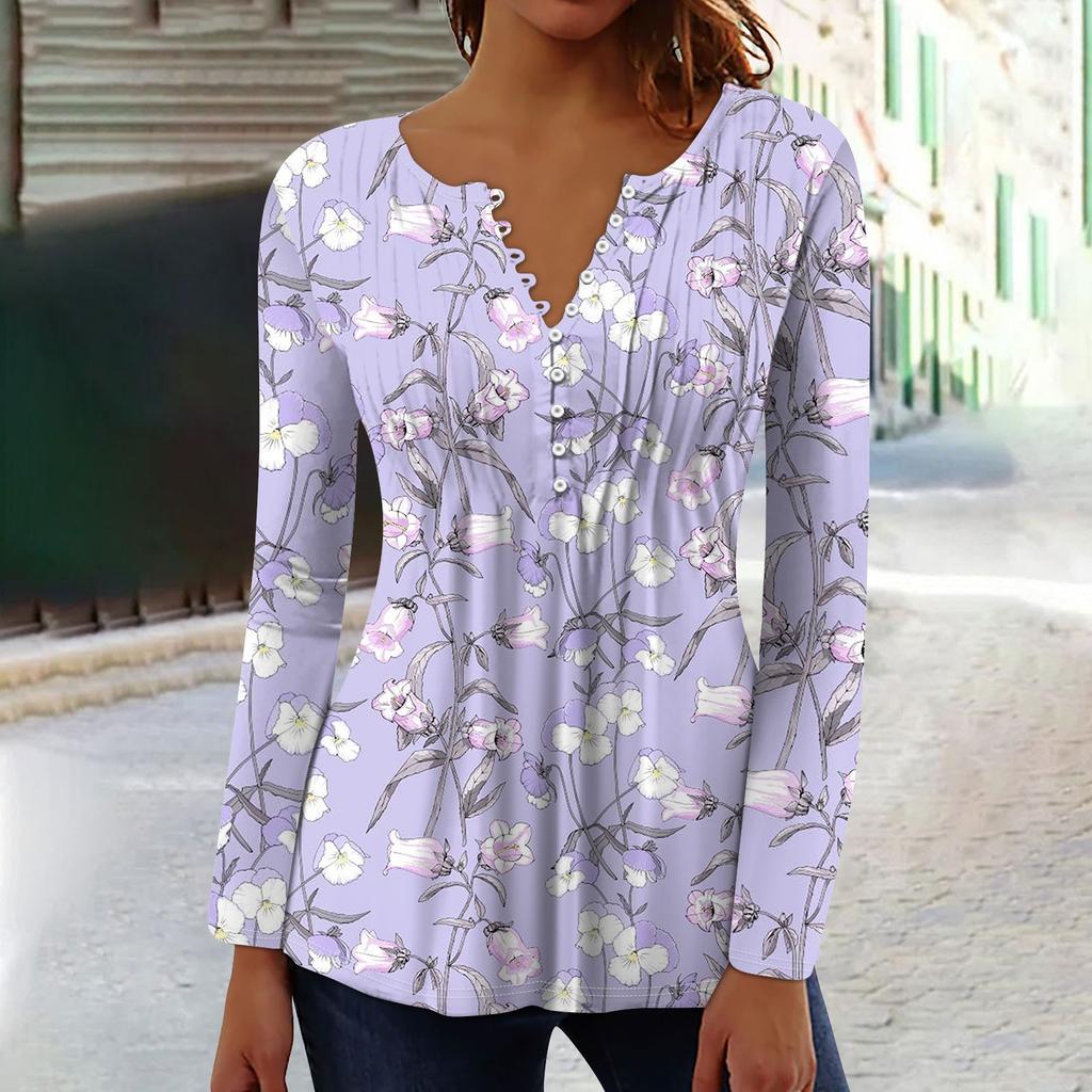 Women's Spring Autumn Pleated Button Down Collar Floral Print Long Sleeve Top