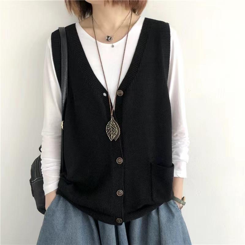 

2026 Spring/Autumn Retro Loose Plus Size V-Neck Sleeveless Knit Vest for Women One Size чорний