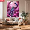 Purple Peacock Floral Moon Tapestry Wall Art Boho Bedroom Decor Nature Bird Painting Vibrant Pink Flowers Living Room Hanging