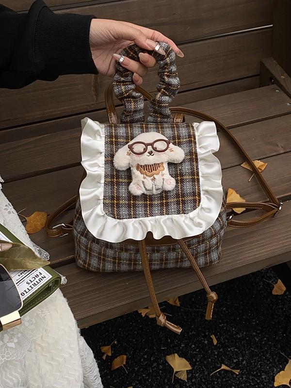 Korean Style Children's Plaid Plush Cartoon Doll Backpack