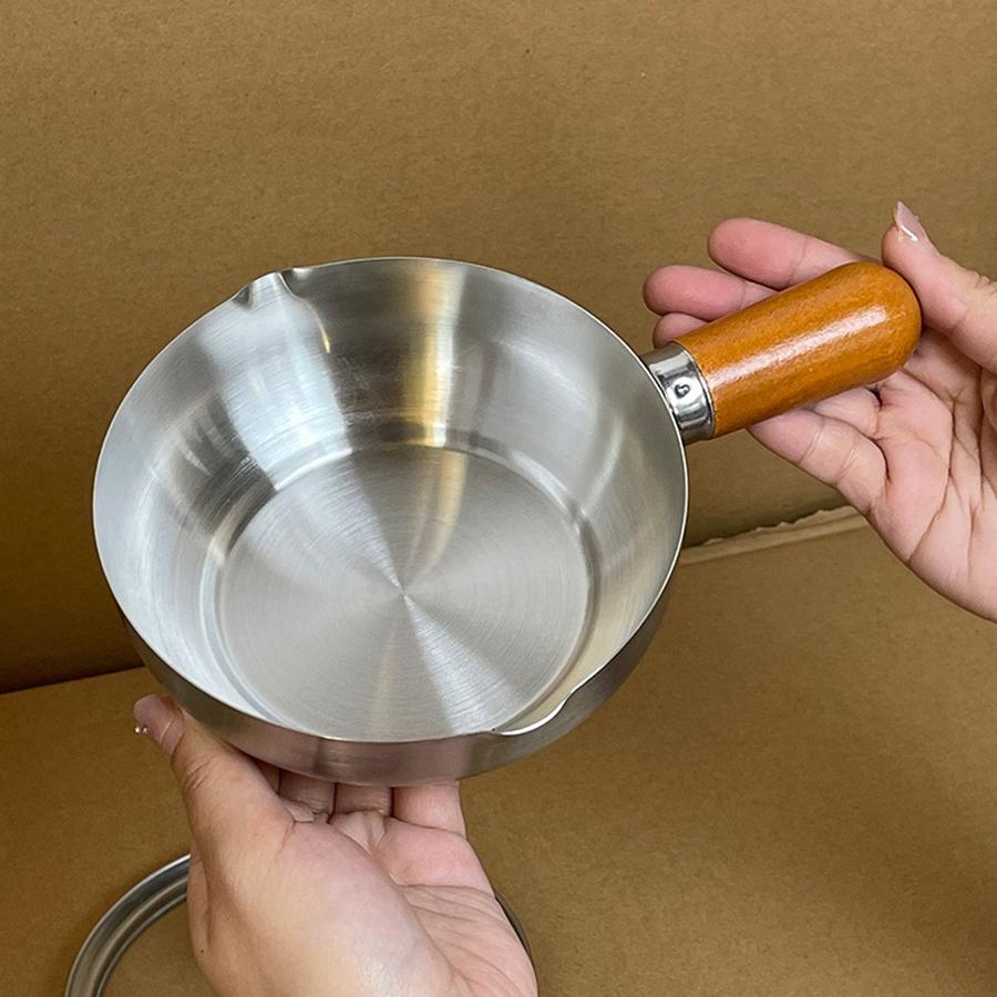 

Stainless Steel Pot with Wooden Handle Multifunctional Pot for Breakfast Bowl Fruit Salad Yogurt Cereal Bowl Soup Noodles Pot