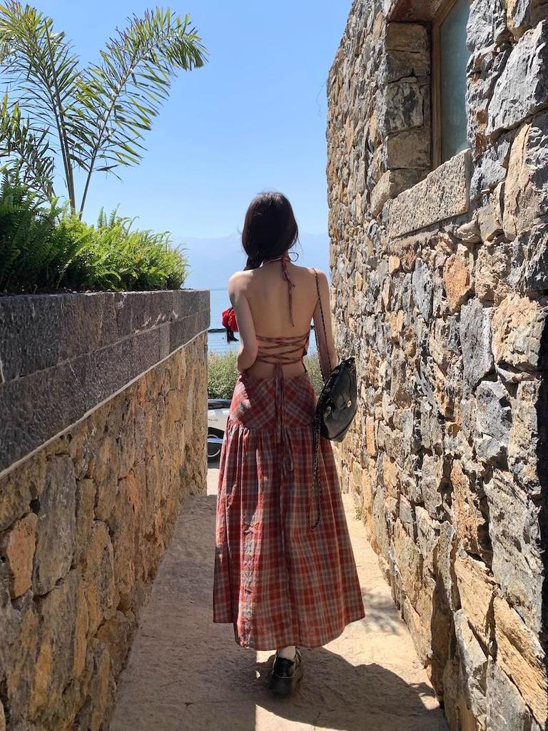 Summer Gingham Backless Spaghetti Strap Dress