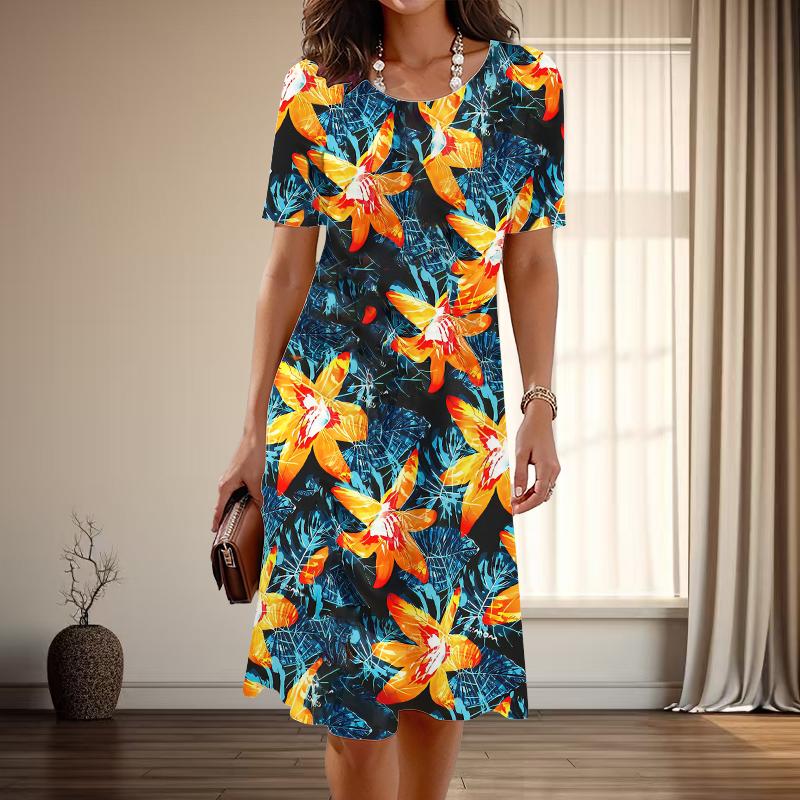 Damenmode Anmutiges Blumendesign Print Sommer Frühling Kurzarm O-Ausschnitt Freizeitkleider