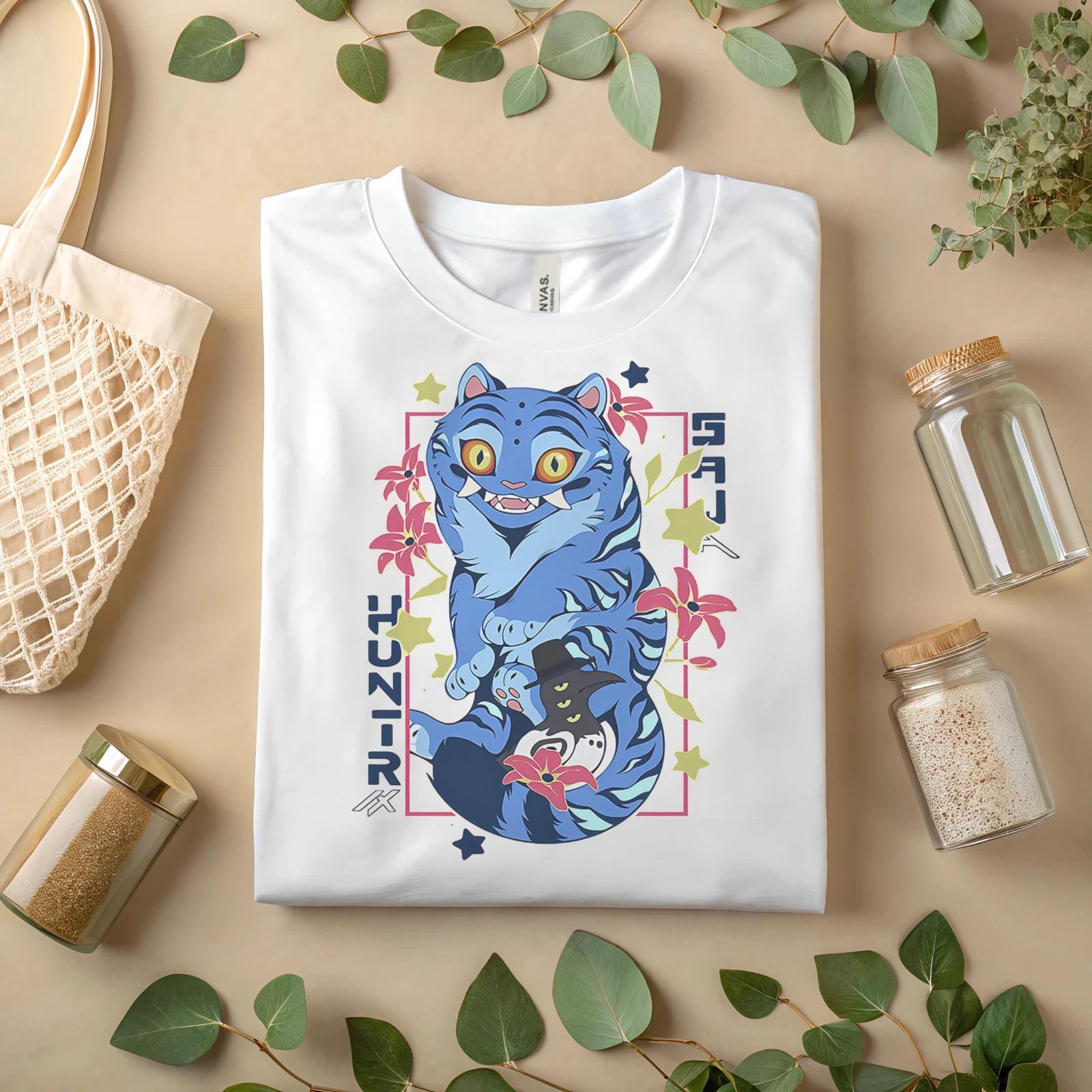 Anime Blue Cat Hunter T-Shirt – Cute Cartoon Kitty Graphic Tee A217 XXL