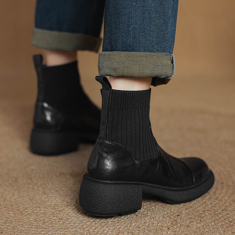 Krazing Pot Sheepskin Pleated Decoration Autumn Winter Shoes Chunky Heels Size 43 Size 42 Round Toe Slip on Retro Knit Wear Ankle Boots