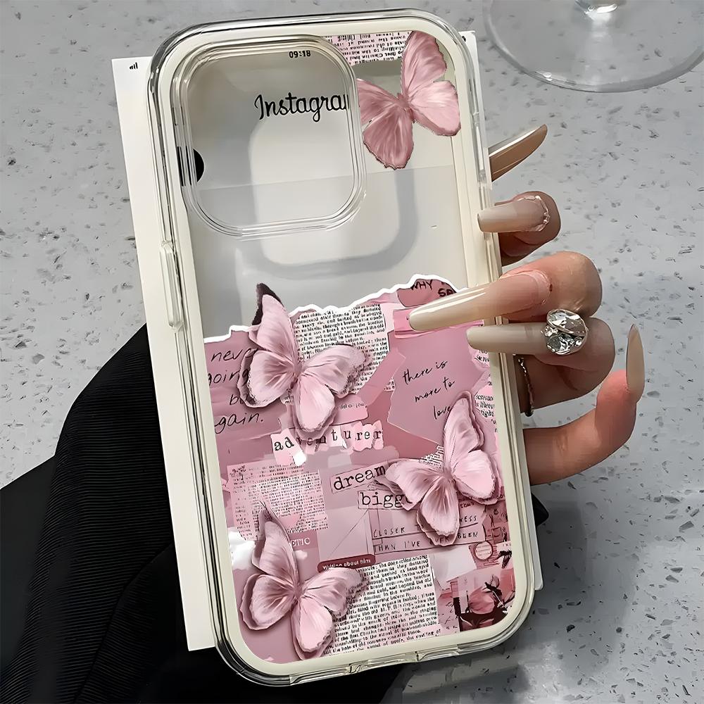 Pink Butterfly Collage Pattern Clear Phone Case For iPhone 11 12 13 14 15 16 17 Pro Max Air Plus 2 In 1 Candy Color Soft Cover