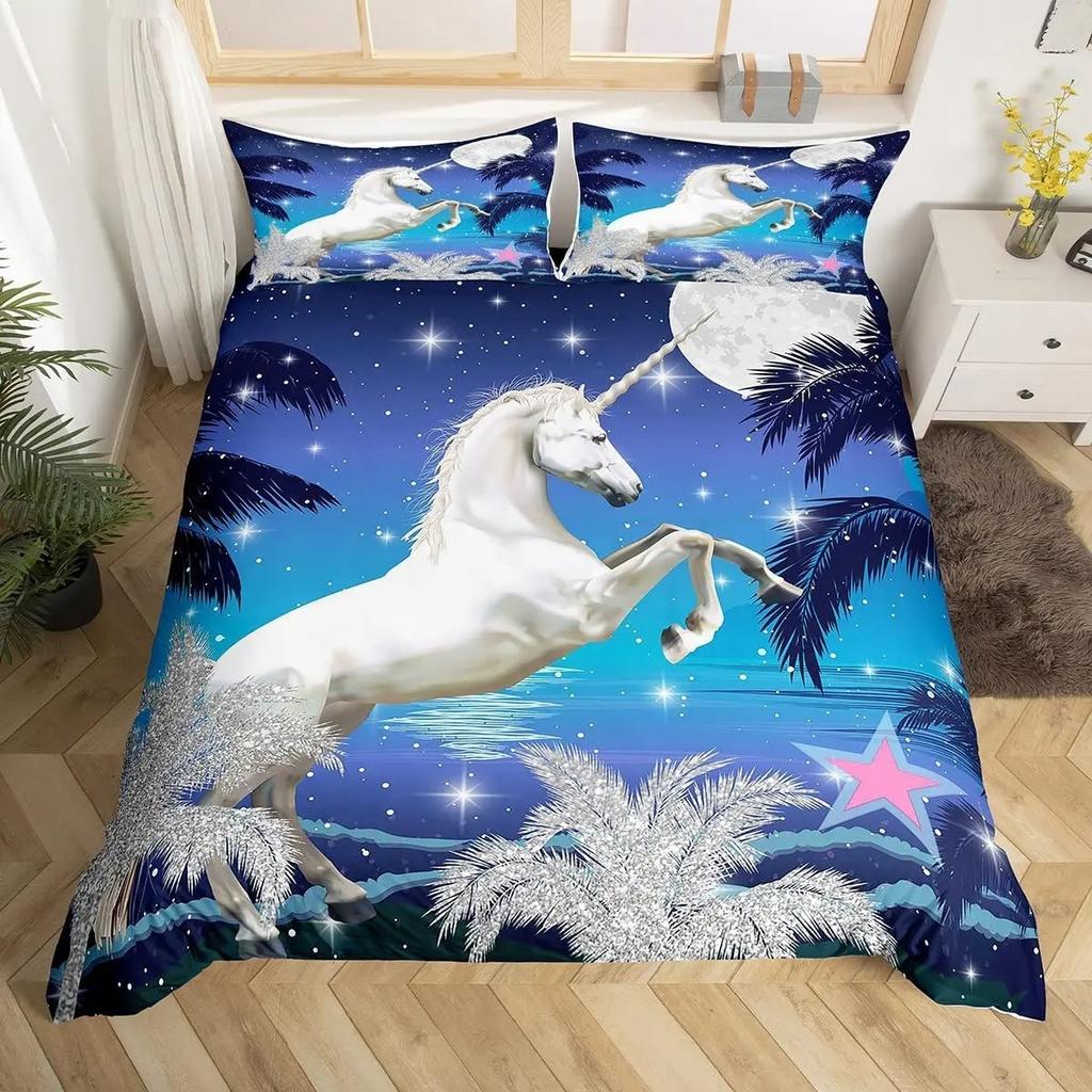 Comforter Kawaii Cartoon Unicorn Girly Fantasy Star Moon Galaxy Bedding Set Twin Queen Size Microfiber Comforter