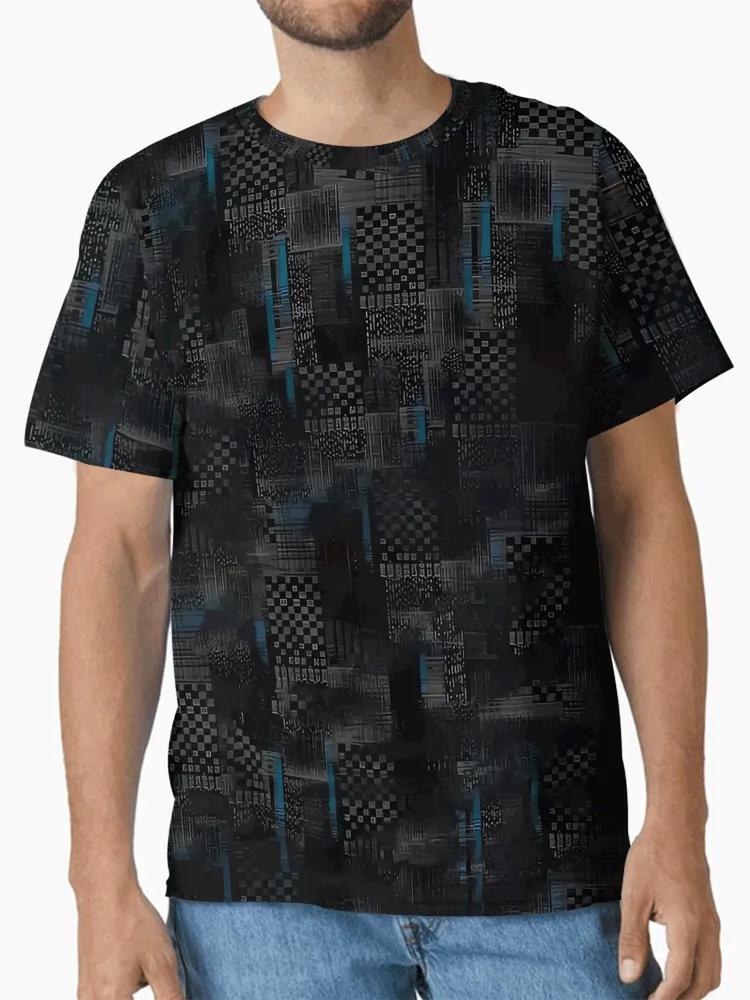 Men's All-Over Abstract Pixel Art T-Shirt, Dark Grunge Checkerboard and Line Pattern, Breathable Short Sleeve Crew Neck Tee for Men