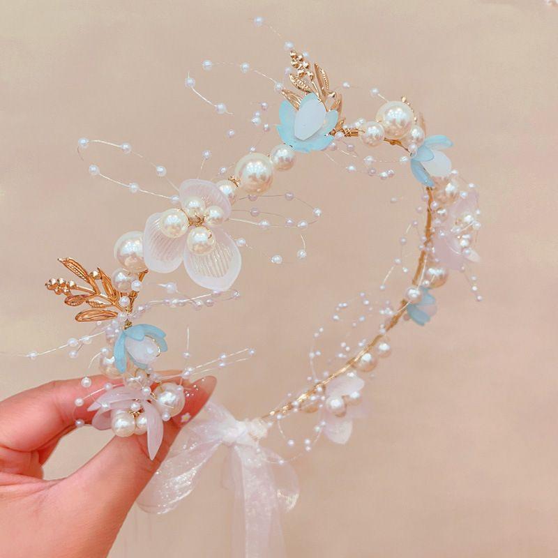 Kids Princess Hair Crown Floral Headband Aesthetic Cute Faux Pearl Flower Photography Headwear for Baby Toddler Flower Girl