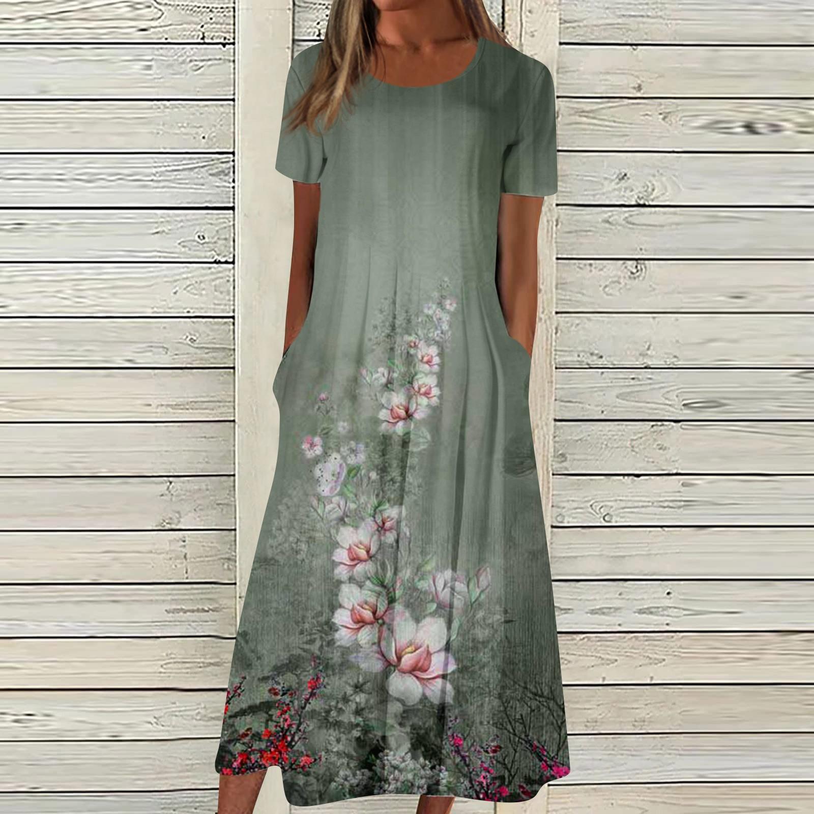 Женское летнее повседневное модное платье с коротким рукавом и карманом с круглым вырезом — фото 9