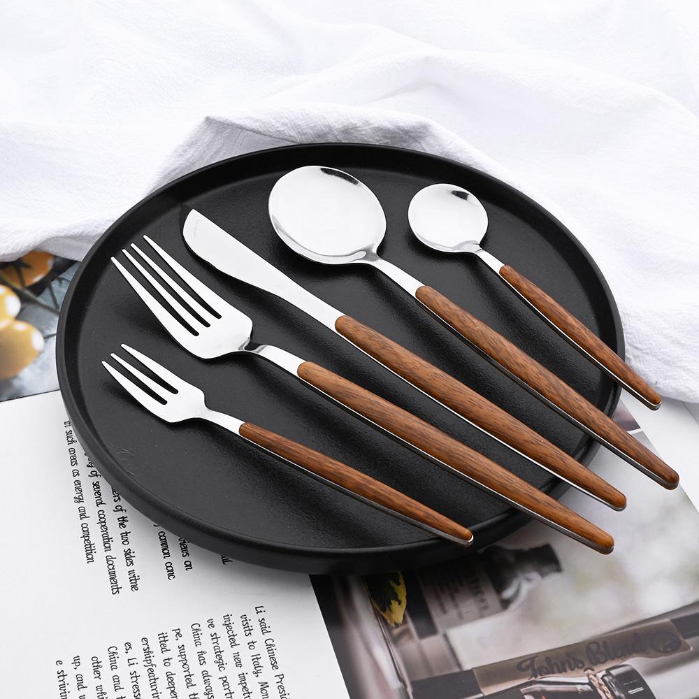 16/24/36 Stück Geschirrset Edelstahl Imitation Holzgriff Klemme Westliches Messer Gabel Löffel Besteck Geschirr Silberware