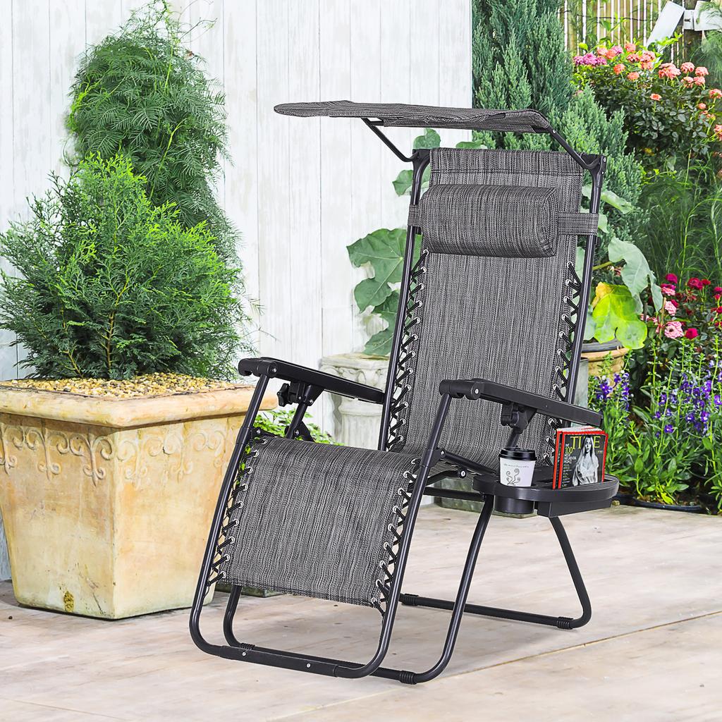 Foldable Reclining Garden Chair with Headrest, Zero Gravity Deck Sun Lounger Seat Chair with Footrest, Armrest, Cup Holder & Canopy Shade, Grey
