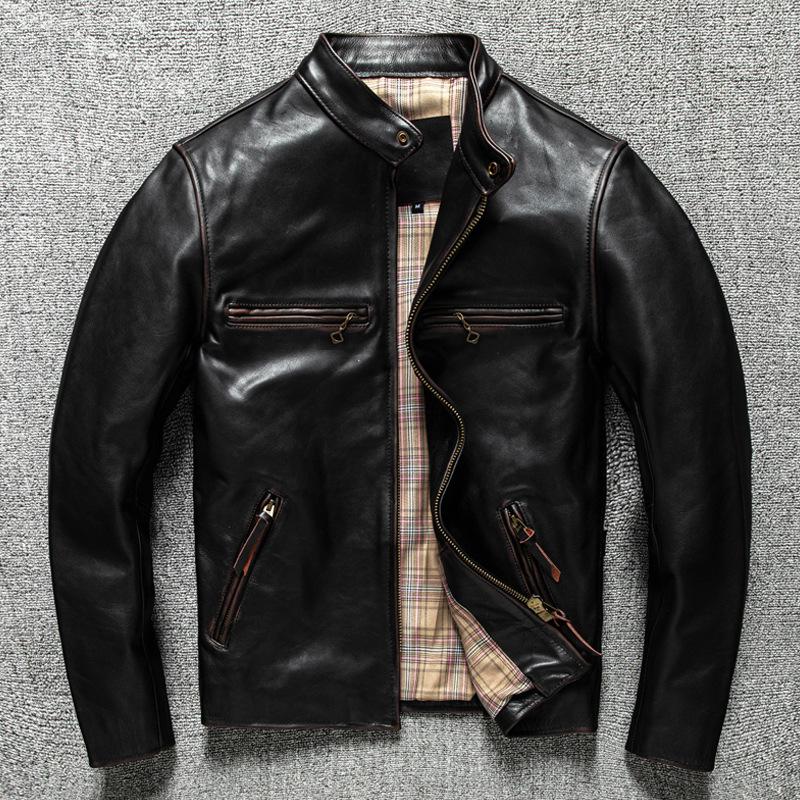 

Куртка мужская из натуральной кожи высшего слоя, с чайным ядром, короткая, приталенного силуэта, с воротником-стойкой 5XL