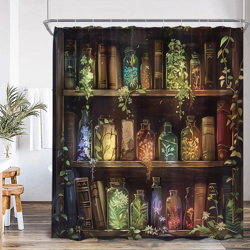 Vintage Bookshelf Shower Curtain Retro Book Green Plant Leaves Modern Fabric Home Wall Hanging Bathroom Curtain Decor with Hooks