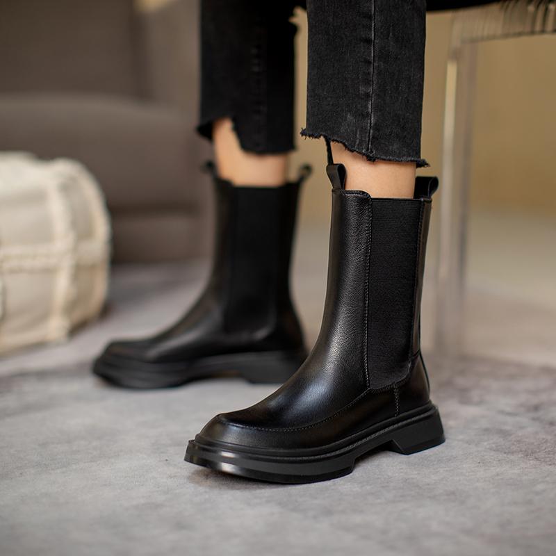 Fashion Hot Genuine Leather Women's Boots Retro British Style Slip-On Chelsea Boots Fashion Ankle Boots Round Toe Flat with Women Shoes