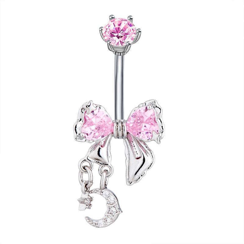 Shiny Crystal Bow Stars Moon Belly Button Rings Dangle Stainless Steel Navel Piercing Jewelry for Women Birthday Gift