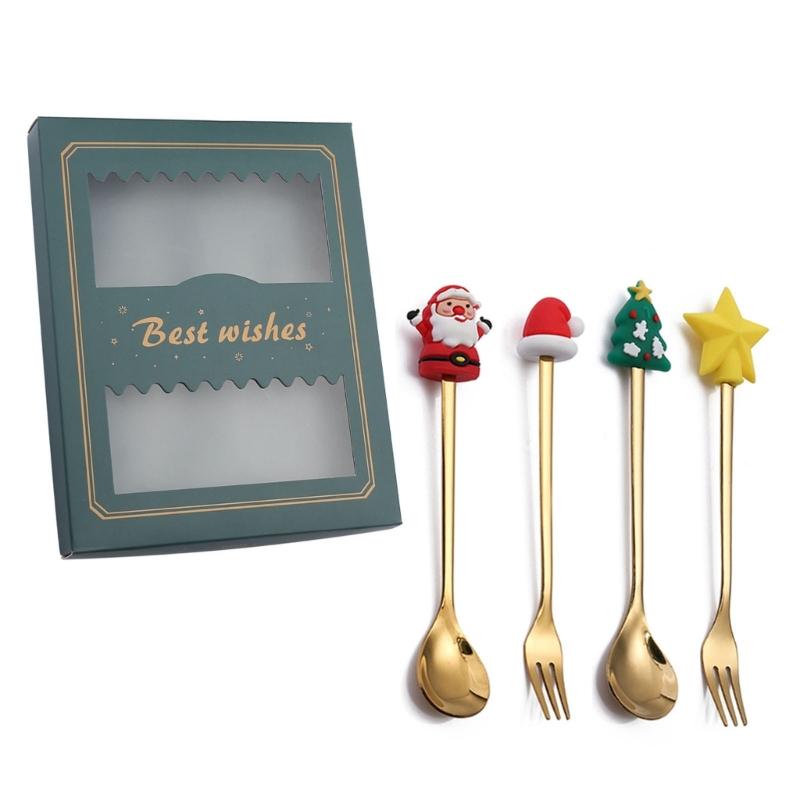 

4pcs Christmas Spoons Forks with Gift Box Coffee Spoon Tea Stirring Spoon Xmas