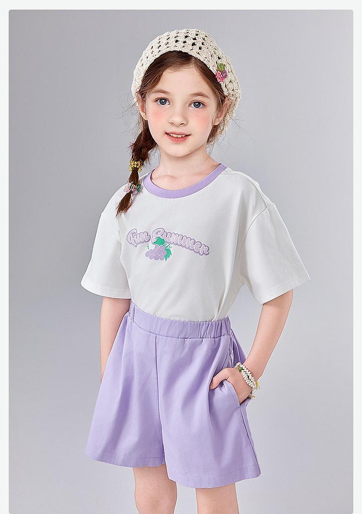 Girls' Round Neck Printed Short-Sleeved Top and Casual Shorts Set