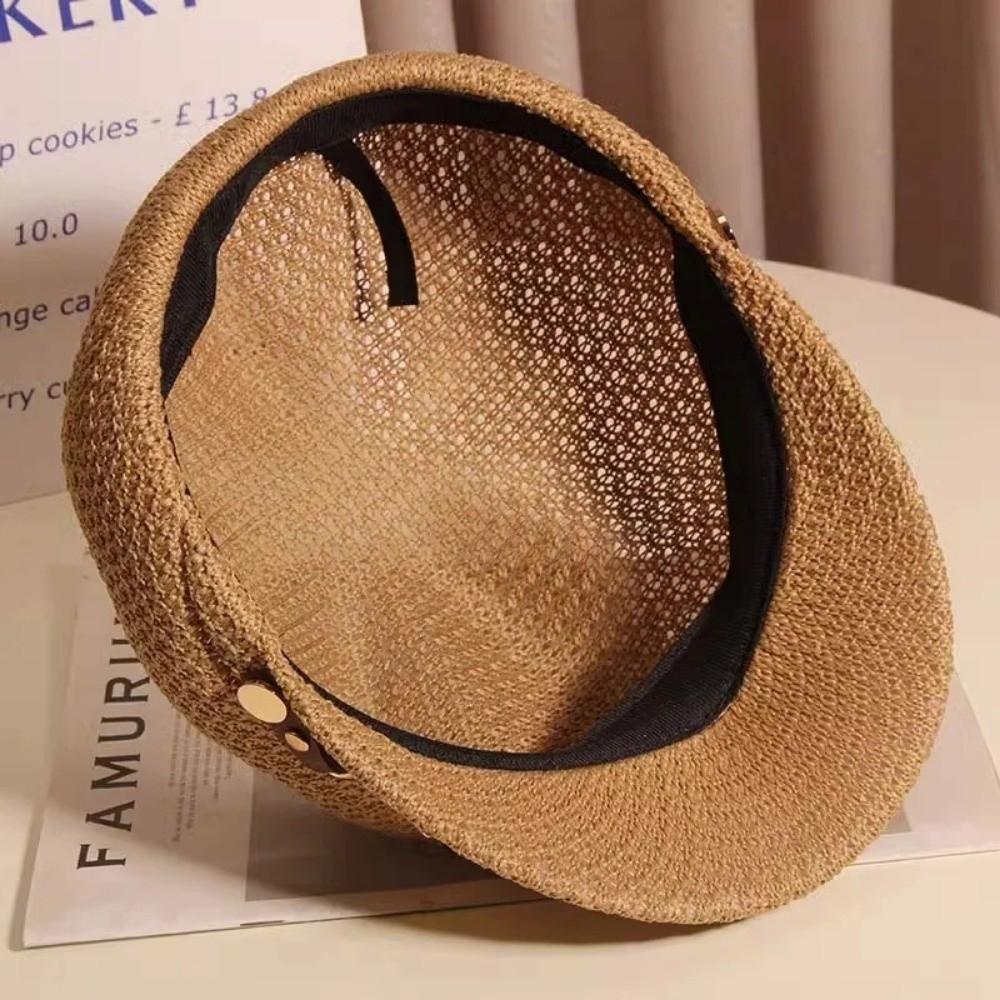 Casual Hollow Octagonal Beret Hat Breathable Leather Buckle Beach Straw Hat Spring Summer Painter Hat Sunshade Cap