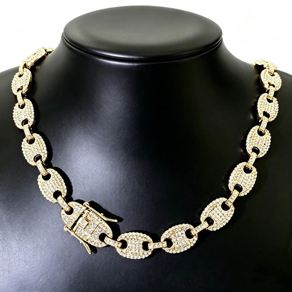 Rhinestone Coffee Bean Cuban Thick Chain Hip Hop Necklace Alloy Craft Minimalist Element Unisex Street Shooting Fashion Jewelry