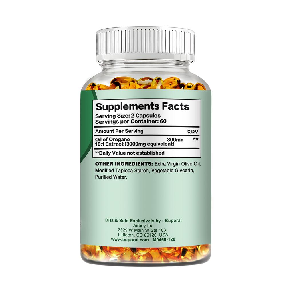 Buporai Capsule Estratto di Olio di Origano, 3000 mg per porzione, forniscono supporto immunitario, potenziano il sistema immunitario e promuovono la salute intestinale.