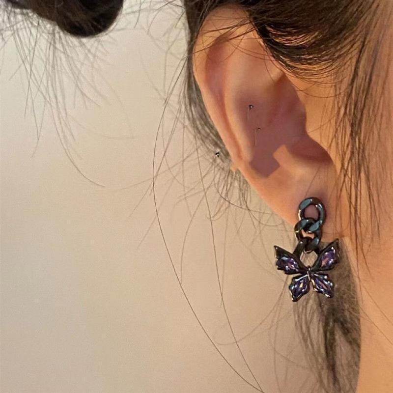 925 Silver Butterfly Crystal Earrings - Black Chain Fairy Style Studs - Sweet & Cool Fashion Accessories