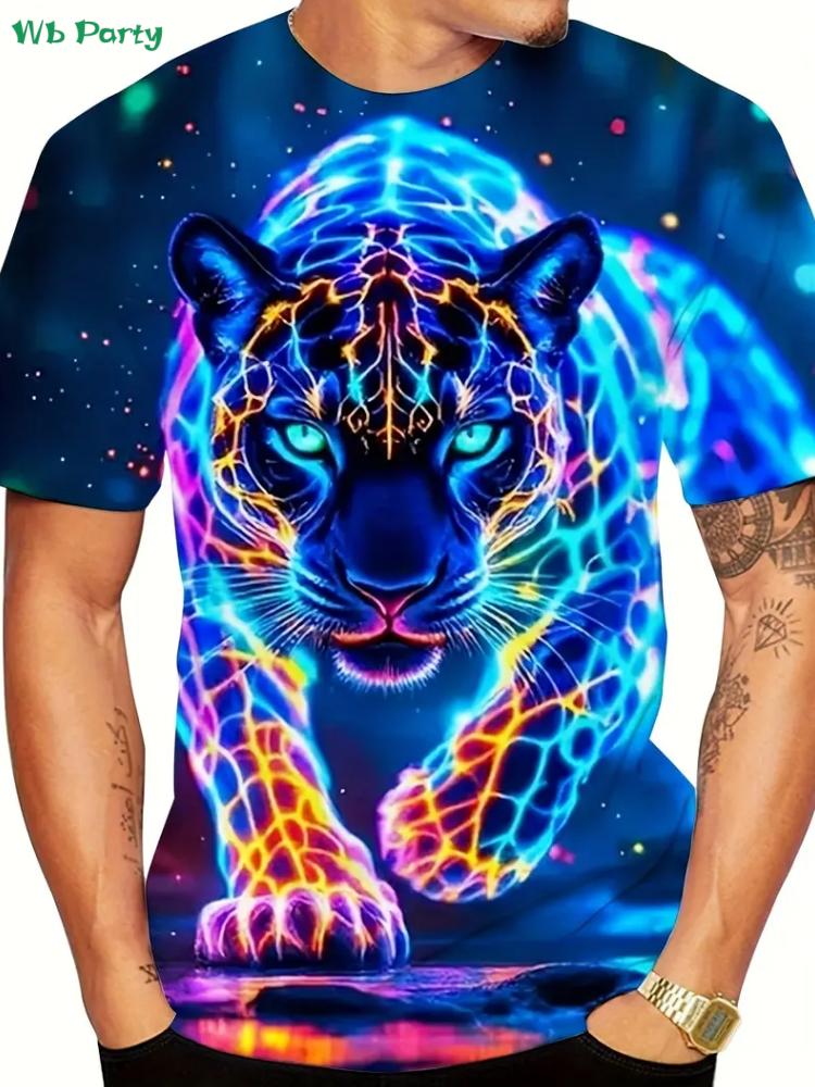 3D Leopard Men's Graphic T-Shirt Summer Outdoor Men's Short Sleeved Tee Fashion Round Neck Men's Tops Oversized Men's T-Shirt