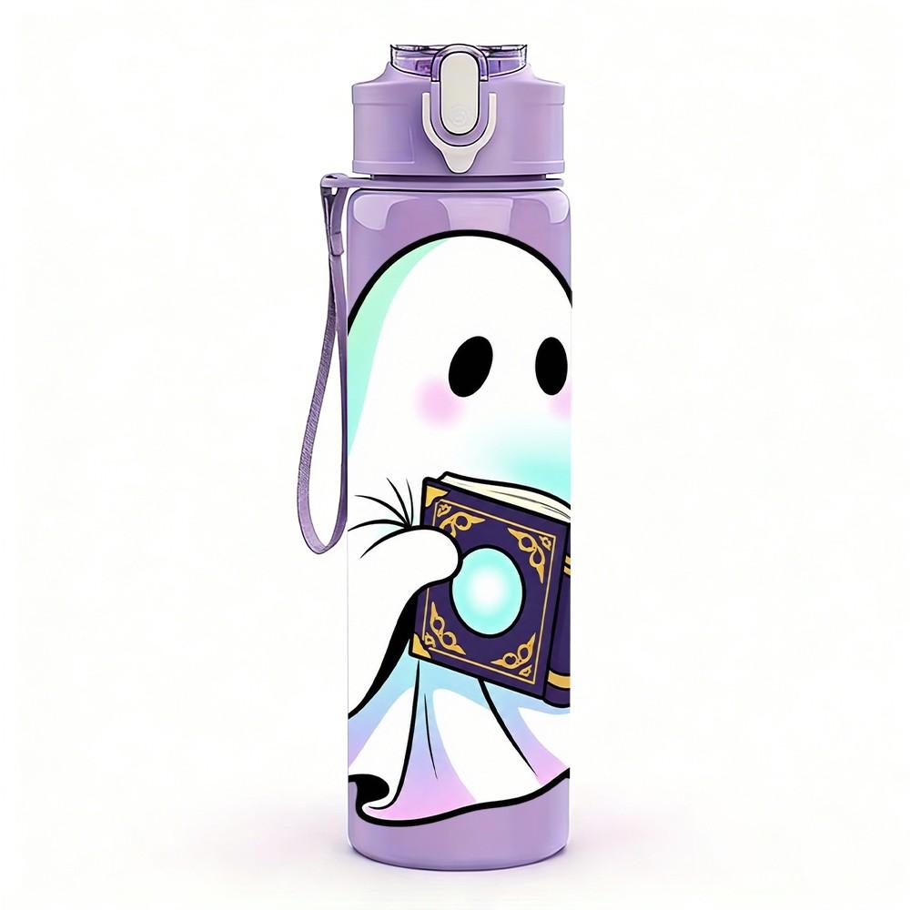 1PC Ghost Cat Reading Book Halloween Print 750ml Color Plastic Sports Water Bottle Leakproof Flip Straw Lid Suitable for Sports Office Home Use