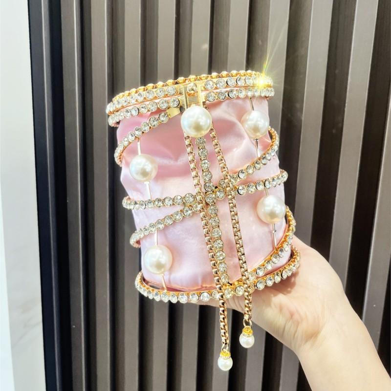 Luxury Design Banquet Bag Women Pearl Rhinestone Shiny Chain Cylindrical Shape Handbag Ladies Fashion Elegant Metal Bucket Bags