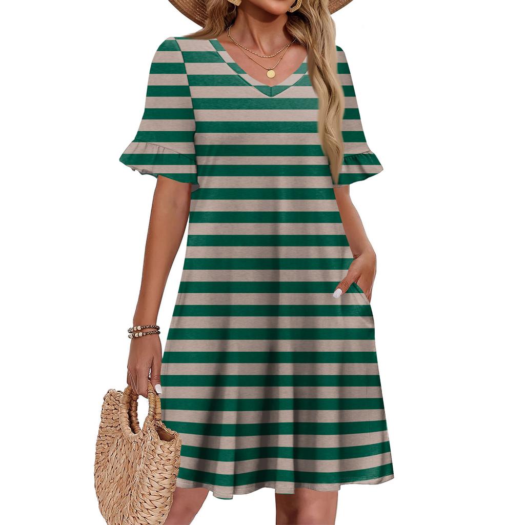 Damen A-Linie Sommerkleid Kurzarm V-Ausschnitt Bedrucktes Kleid Mit Taschen