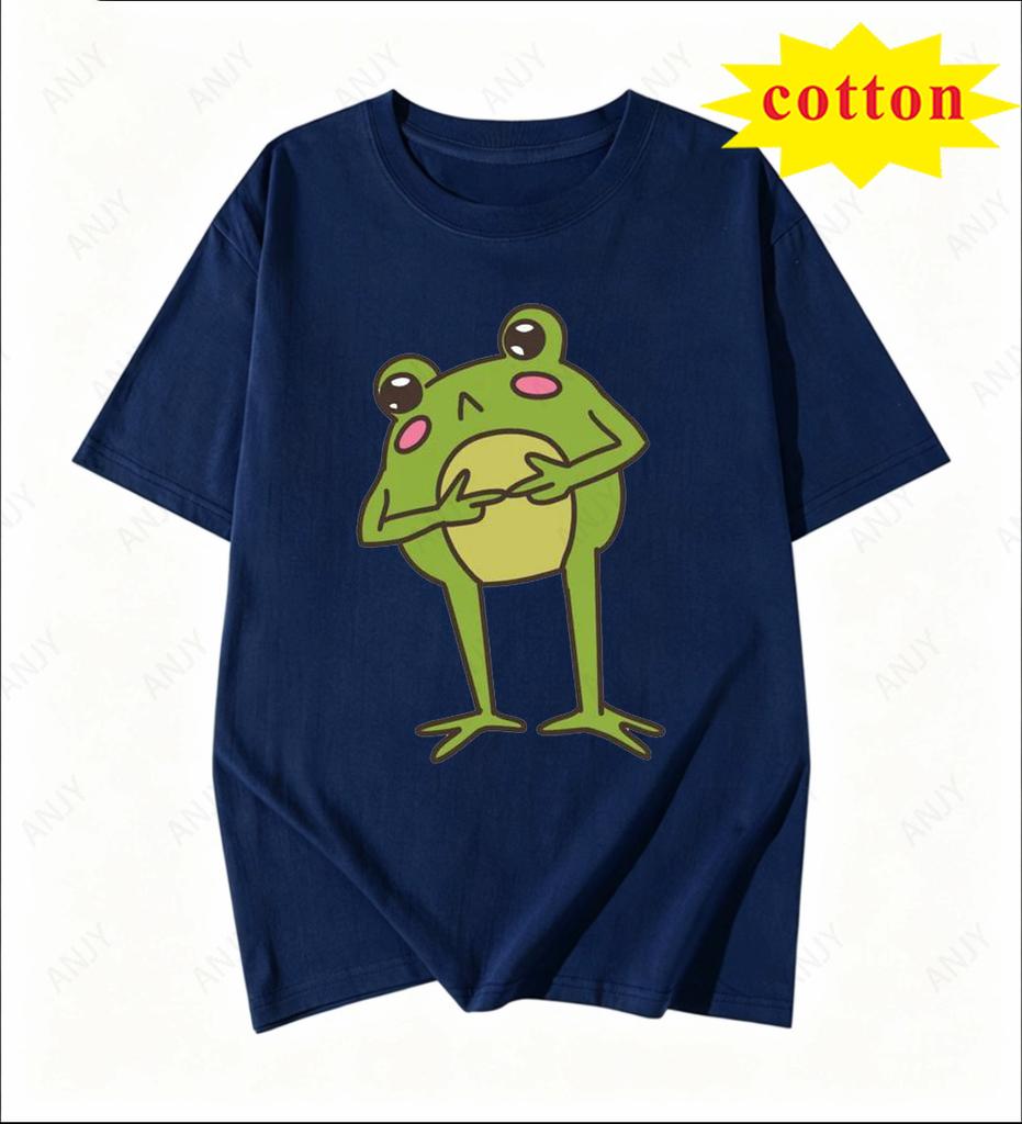 American Cartoon Tattered Frog Print Tshirt With Quirky Emotional Style Casual Short Sleeved Summer Top