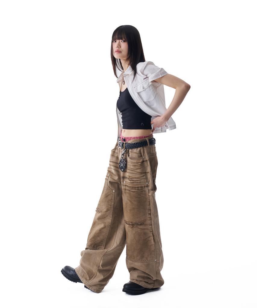 AAKAM Dirty Washed Double Knee Cotton Pants (Beige)