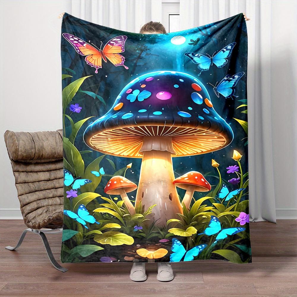 Cozy Flannel Throw Blanket with Colorful Butterfly & Mushroom Design - Soft, Reversible, All-Season Comfort for Bed, Sofa 130x150cm