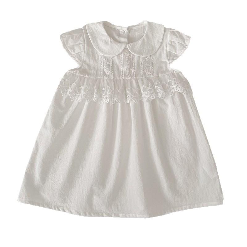 Girls' Korean Style White Flutter Sleeve Cotton Dress - Summer New Arrival Princess Dress