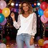 Women T-shirt Swing Collar Lace Splicing Long Sleeve Pullover Tops Pure Color Anti-Wrinkle Breathable