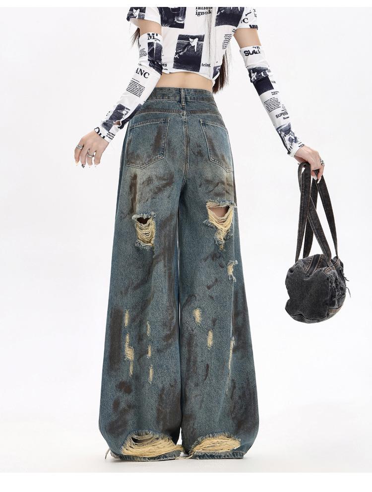 Trendy Graffiti Ripped Wide-Leg Jeans for Women - Autumn Wasteland Style