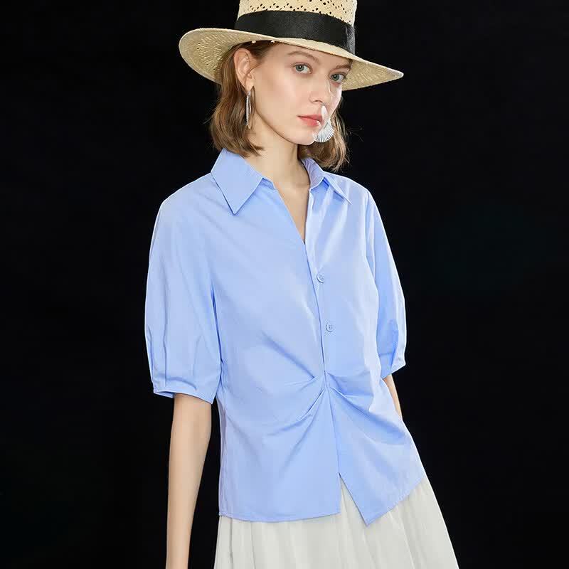 Women's 100% Cotton Irregular Hem Twisted Pleat Short Sleeve Shirt