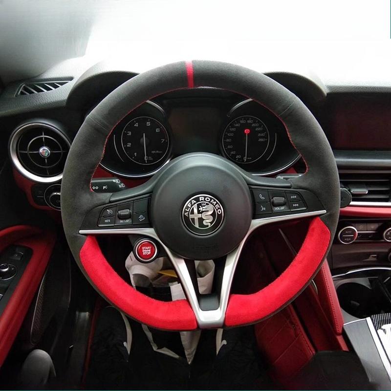 

For Alfa Romeo Giulia Stelvio 2015-2018 Auto Parts hand-stitched non-slip black red Suede Car Steering Wheel Cover