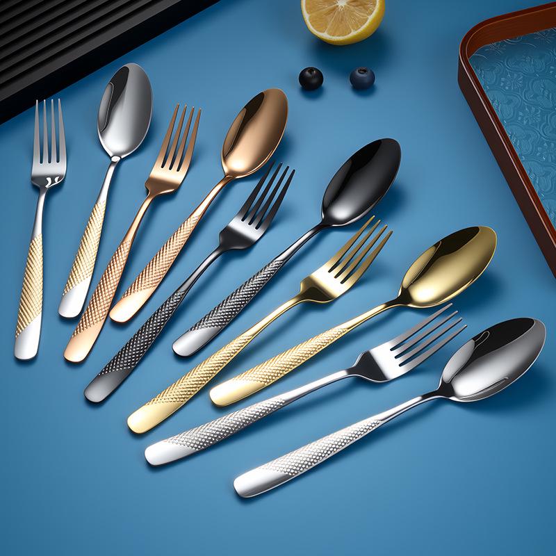 European Stainless Steel Four-Piece Cutlery Set: Star Diamond Steak Knife, Fork, and Coffee Spoon