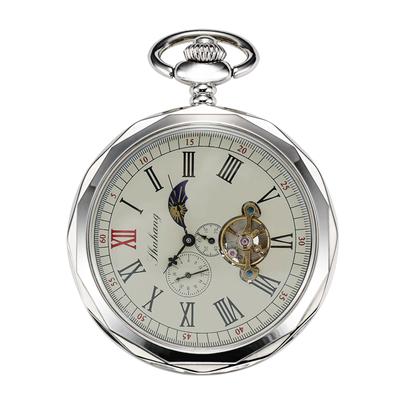 TREEWETO Mechanical Pocket Watch, Silver, Roman Numerals, Open Face, 24-Hour Display, Day and Moon Display, Chain and Gift Box Included