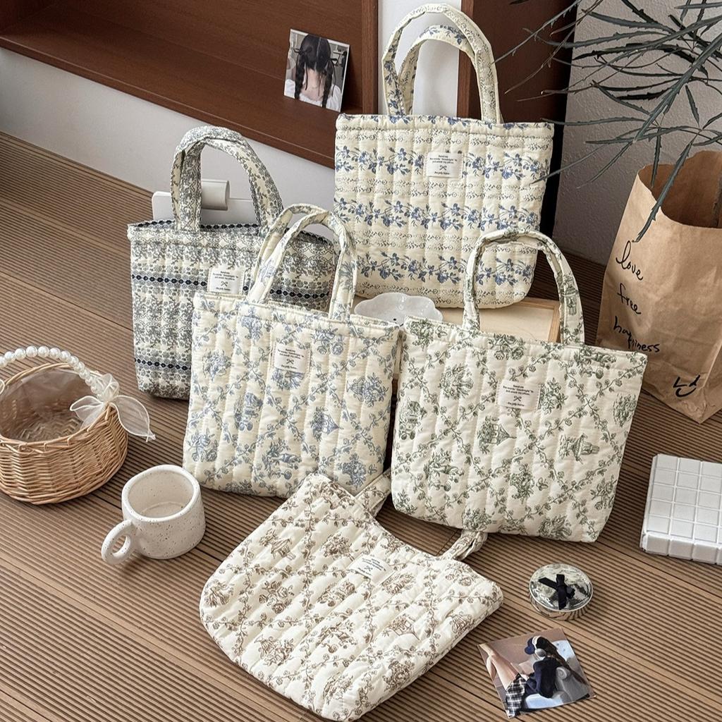 Quilted Cotton Women's Cute Flower Handbags Portable Ladies Small Tote Shoulder Bags Retro Design Casual Female Lunch Bento Bag